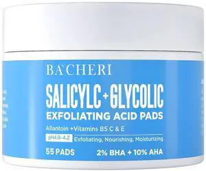 10% Glycolic Acid + 2% Salicylic Acid Peel Pads - BACHERI Resurfacing Pads For Face with Vitamins B5, C & E, Allantoin - Exfoliating Facial Peel for Dark Spots, Blackhead, Acne, 55 Pcs 10% Glycolic Acid + 2% Salicylic Acid Peel Pads - BACHERI Resurfacing Pads For Face with Vitamins B5, C & E, Allantoin - Exfoliating Facial Peel for Dark Spots, Blackhead, Acne, 55 Pcs