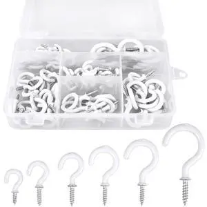 90 Pcs White Ceiling Hooks kit, 6 Sizes Vinyl Coated Screw-in Plant, Kitchen, Cup, Ceiling Hooks for Hanging (1/2in, 5/8in,3/4in,7/8in,1'',1-1/4in) 90 Pcs White Ceiling Hooks kit, 6 Sizes Vinyl Coated Screw-in Plant, Kitchen, Cup, Ceiling Hooks for Hanging (1/2in, 5/8in,3/4in,7/8in,1'',1-1/4in)