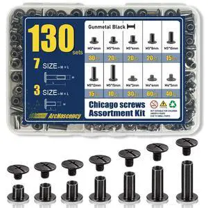130 Sets Gunmetal Black Chicago Screws Leather Rivets Kit, 7 Sizes (M5*4,5,6,8,10,12,15) & 3 Screw Lengths (M4*3,4,5) for Belts, Bookbinding, DIY Leather 130 Sets Gunmetal Black Chicago Screws Leather Rivets Kit, 7 Sizes (M5*4,5,6,8,10,12,15) & 3 Screw Lengths (M4*3,4,5) for Belts, Bookbinding, DIY Leather