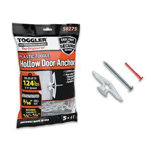 Toggle TA Hollow Door Anchors with Screws, 5 Pack | Polypropylene hollow door anchors with screws for #8 to #12 fasteners Toggle TA Hollow Door Anchors with Screws, 5 Pack | Polypropylene hollow door anchors with screws for #8 to #12 fasteners