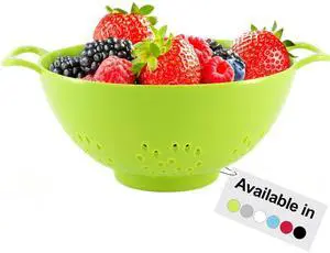 6-Inch Small Colander, 3-Cup Food Strainer, Meadow Green | BPA-free, dishwasher-safe mini colander has a wide, shallow bowl, 1/8-inch holes, two handles, ring foot and smooth edges. 6-Inch Small Colander, 3-Cup Food Strainer, Meadow Green | BPA-free, dishwasher-safe mini colander has a wide, shallow bowl, 1/8-inch holes, two handles, ring foot and smooth edges.