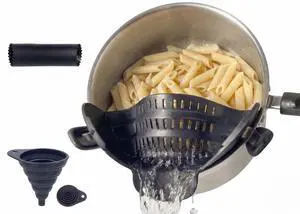 Clip On Strainer Silicone for Pots and Pans, Universal Fit Pasta Strainer and Pot Colander, Space Saving Food Drainer with Collapsible Funnel and Garlic Peeler, 3 Pcs Set, Black Clip On Strainer Silicone for Pots and Pans, Universal Fit Pasta Strainer and Pot Colander, Space Saving Food Drainer with Collapsible Funnel and Garlic Peeler, 3 Pcs Set, Black