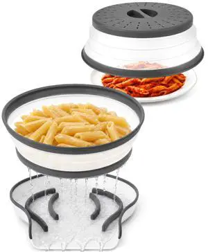 Collapsible Microwave Splatter Cover with Strainer Draining Base | Features 2-in-1 Microwaving Food Mess Guard and Colander with Over Sink Water Draining Tray, 2-pc Set (11") White Gray Collapsible Microwave Splatter Cover with Strainer Draining Base | Features 2-in-1 Microwaving Food Mess Guard and Colander with Over Sink Water Draining Tray, 2-pc Set (11") White Gray