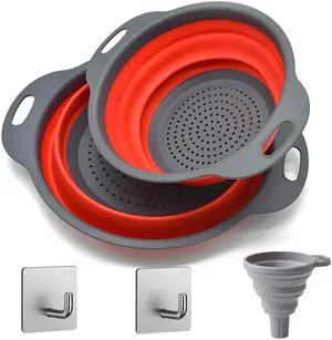 Collapsible Colander Set, Space-Saving Foldable Kitchen Strainer for Pasta, Vegetables & Fruit, Colander for Kitchen with 2 Stainless Steel Hooks & 1 Silicone Funnel Red Collapsible Colander Set, Space-Saving Foldable Kitchen Strainer for Pasta, Vegetables & Fruit, Colander for Kitchen with 2 Stainless Steel Hooks & 1 Silicone Funnel Red
