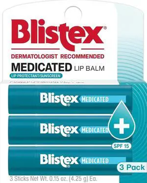 Medicated Lip Balm SPF 15, 24 Hr Moisture, 0.15 oz, 3 Count | Easy glide formula to soothe irritated lips, seals in lip moisture to help prevent lip dryness & chapping, SPF 15 Medicated Lip Balm SPF 15, 24 Hr Moisture, 0.15 oz, 3 Count | Easy glide formula to soothe irritated lips, seals in lip moisture to help prevent lip dryness & chapping, SPF 15