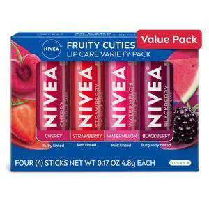 Lip Care, Lip Balm Variety Pack, 4 x 0.17 OZ | One Each: Cherry, Strawberry, Watermelon and Blackberry, Shea Butter Enriched, 3-in-1 Moisture, Tinted Lip Balms Lip Care, Lip Balm Variety Pack, 4 x 0.17 OZ | One Each: Cherry, Strawberry, Watermelon and Blackberry, Shea Butter Enriched, 3-in-1 Moisture, Tinted Lip Balms