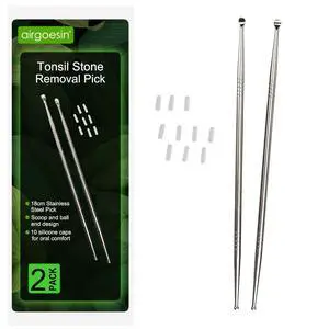 2pcs 7" Tonsil Stone Remover Pick, Stainless Steel Oral Cleaner, 10 Caps | Long reach stainless steel pick, scoop + ball end design, 10 soft silicone caps for oral care. Easily regain fresh breath 2pcs 7" Tonsil Stone Remover Pick, Stainless Steel Oral Cleaner, 10 Caps | Long reach stainless steel pick, scoop + ball end design, 10 soft silicone caps for oral care. Easily regain fresh breath