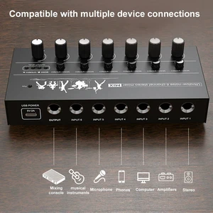 6-Channel Mini Audio Mixer DC 5V Line Mixer Easy Operation Stereo Mixer for Guitars Bass Keyboards and Stage Mixing 6-Channel Mini Audio Mixer DC 5V Line Mixer Easy Operation Stereo Mixer for Guitars Bass Keyboards and Stage Mixing