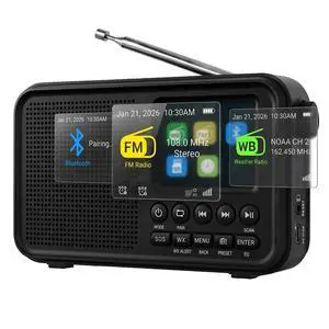 FM Radio with Bluetooth, NOAA Weather Band, 2.4" Color Screen, Rechargeable Portable Radio, Dual Alarms, microSD Playback, USB-C Charging, Headphone Jack for Home, Bedroom, Office & Travel FM Radio with Bluetooth, NOAA Weather Band, 2.4" Color Screen, Rechargeable Portable Radio, Dual Alarms, microSD Playback, USB-C Charging, Headphone Jack for Home, Bedroom, Office & Travel