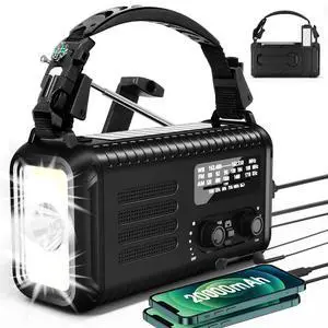Hand Crank Emergency Radio, NOAA AM/FM Solar, 20000mAh Flashlight SOS | 72000mWh Battery, Dual USB Output, 3W Super Bright LED, 8 LED Reading Lamp, Headphone Jack, Compass, for Camping Hand Crank Emergency Radio, NOAA AM/FM Solar, 20000mAh Flashlight SOS | 72000mWh Battery, Dual USB Output, 3W Super Bright LED, 8 LED Reading Lamp, Headphone Jack, Compass, for Camping
