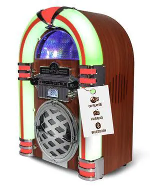 VDTJ-1550 Tabletop Jukebox with Bluetooth, CD Player & FM Radio | 15" retro juke box music player, Mini digital speaker with color-changing LEDs, wireless streaming & AUX-in port, Mahogany VDTJ-1550 Tabletop Jukebox with Bluetooth, CD Player & FM Radio | 15" retro juke box music player, Mini digital speaker with color-changing LEDs, wireless streaming & AUX-in port, Mahogany