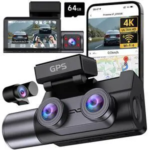4K Dash Cam Front Rear Inside, 3 Channel Dashcam with WiFi 6 & GPS | 4K+1080P+1080P Dash Camera for Cars with 64GB Card, IR Night Vision, 3" IPS, 24H Parking Mode, G-Sensor, Loop Recording 4K Dash Cam Front Rear Inside, 3 Channel Dashcam with WiFi 6 & GPS | 4K+1080P+1080P Dash Camera for Cars with 64GB Card, IR Night Vision, 3" IPS, 24H Parking Mode, G-Sensor, Loop Recording