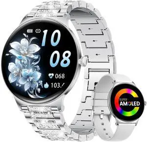 Ultra-Thin Smart Watch for Women,1.43" Always-on Display Smart Watch with Bluetooth Call,Health Tracker 100+ Sports Modes, Mutifuction Women Smartwatch for Android iOS 2 Straps(Silver) Ultra-Thin Smart Watch for Women,1.43" Always-on Display Smart Watch with Bluetooth Call,Health Tracker 100+ Sports Modes, Mutifuction Women Smartwatch for Android iOS 2 Straps(Silver)