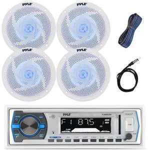 Single DIN Marine Bluetooth USB/AM/FM Stereo Receiver with Remote Control, 4x 6.5'' 240 Watt Peak Power Marine Blue Light LED White Speakers, 16-Gauge 50 Ft Speaker Wire, 40" Radio Antenna Single DIN Marine Bluetooth USB/AM/FM Stereo Receiver with Remote Control, 4x 6.5'' 240 Watt Peak Power Marine Blue Light LED White Speakers, 16-Gauge 50 Ft Speaker Wire, 40" Radio Antenna