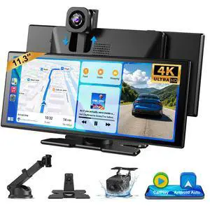 11.3" Wireless CarPlay & Android Auto Screen for car with Dual Cam | 4K Dash & 1080P Rear Cam, Touchscreen Apple Car Play Screen, with Voice Control/GPS Navigation/Mirror Link/Bluetooth/AUX/FM 11.3" Wireless CarPlay & Android Auto Screen for car with Dual Cam | 4K Dash & 1080P Rear Cam, Touchscreen Apple Car Play Screen, with Voice Control/GPS Navigation/Mirror Link/Bluetooth/AUX/FM