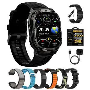Vortex Smart Watch with Metal Band, Charger, Tempered Glass (2 Pack), Straps Rugged Fitness Tracker IP69K Waterproof Compatible with Android and iOS Phone, 14 Days of Battery Military Durable Vortex Smart Watch with Metal Band, Charger, Tempered Glass (2 Pack), Straps Rugged Fitness Tracker IP69K Waterproof Compatible with Android and iOS Phone, 14 Days of Battery Military Durable