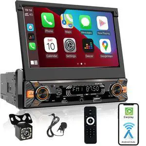 Single Din Car 7" Touchscreen Radio with Wireless Apple CarPlay | Motorized Flip out Screen Wireless Android Auto Bluetooth Type-C USB Backup Camera AUX Car Stereo Headunit Audio Receiver Single Din Car 7" Touchscreen Radio with Wireless Apple CarPlay | Motorized Flip out Screen Wireless Android Auto Bluetooth Type-C USB Backup Camera AUX Car Stereo Headunit Audio Receiver