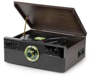 All-in-One Record Player with CD and Cassette Player, Direct-to-USB MP3 Recording, Bluetooth, FM Radio, 3-Speed Turntable and Built-in Stereo Speakers All-in-One Record Player with CD and Cassette Player, Direct-to-USB MP3 Recording, Bluetooth, FM Radio, 3-Speed Turntable and Built-in Stereo Speakers