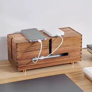 Acacia Wood Cable Management Box - Wooden Cord Hider with 4 Metal Feet, Organizer for Desk & Floor, Power Strip TV Wire Concealer, Under Desk Storage for Office, Home Electrical Cables Acacia Wood Cable Management Box - Wooden Cord Hider with 4 Metal Feet, Organizer for Desk & Floor, Power Strip TV Wire Concealer, Under Desk Storage for Office, Home Electrical Cables