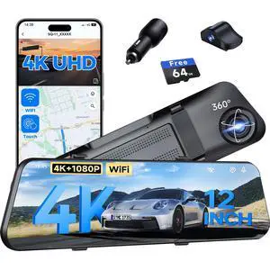 4K Mirror Dash Cam,Rear View Mirror Camera with WiFi,Dash Cam Front and Rear for Car,G-Sensor,7/24H Parking Mode,12" Touch Screen,Includes 64GB Card 4K Mirror Dash Cam,Rear View Mirror Camera with WiFi,Dash Cam Front and Rear for Car,G-Sensor,7/24H Parking Mode,12" Touch Screen,Includes 64GB Card