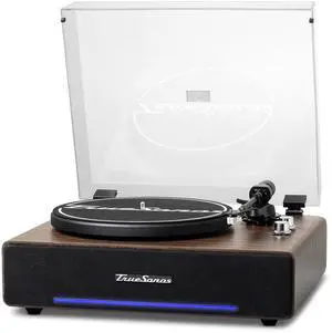 Vinyl Record Player with Speakers, Walnut/Silver | Bluetooth IN/OUT, 4-Speaker Stereo, Belt-Drive Turntable, 33/45 RPM, RCA Output, Auto-Stop, Adjustable Counterweight Vinyl Record Player with Speakers, Walnut/Silver | Bluetooth IN/OUT, 4-Speaker Stereo, Belt-Drive Turntable, 33/45 RPM, RCA Output, Auto-Stop, Adjustable Counterweight