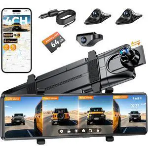 4 Channel Mirror Dash Cam,12" Rear View Mirror Camera,1080P Front Rear Left Right Dash Camera for Car, WiFi Smart Rear View Mirror Camera with 64GB Card, Night Vision, 24H Parking Monitor, G-Sensor 4 Channel Mirror Dash Cam,12" Rear View Mirror Camera,1080P Front Rear Left Right Dash Camera for Car, WiFi Smart Rear View Mirror Camera with 64GB Card, Night Vision, 24H Parking Monitor, G-Sensor