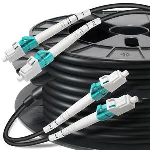400 ft All-Dielectric (5.8mm) Aerial/Direct Burial Outdoor Multimode Duplex OM3 LC Fiber Cable, Double Sheath+2 FRP Strength Fiber Optic Patch Cord, 40Gb 10Gb, LC-LC, 50/125m 400 ft All-Dielectric (5.8mm) Aerial/Direct Burial Outdoor Multimode Duplex OM3 LC Fiber Cable, Double Sheath+2 FRP Strength Fiber Optic Patch Cord, 40Gb 10Gb, LC-LC, 50/125m