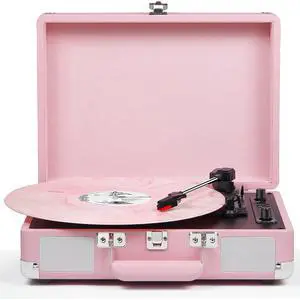 Vinyl Record Player Bluetooth 3-Speed Portable Suitcase Turntable with Built-in Speakers, USB Recording Vinyl to MP3, RCA, AUX & Headphone Output Pink Vinyl Record Player Bluetooth 3-Speed Portable Suitcase Turntable with Built-in Speakers, USB Recording Vinyl to MP3, RCA, AUX & Headphone Output Pink