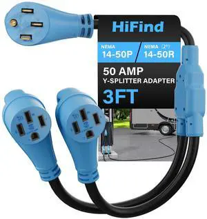 50 Amp Y Splitter Adapter Cord 3 Ft for RV EV Charging, 4 Prong 250V NEMA 14-50P to (2) 14-50R for Power Extension Plug & Auto/EV/Tesla Model 3/S/X/Y, Heavy-Duty 6/3+8/1 Gauge STW Outdoor, ETL-Blue 50 Amp Y Splitter Adapter Cord 3 Ft for RV EV Charging, 4 Prong 250V NEMA 14-50P to (2) 14-50R for Power Extension Plug & Auto/EV/Tesla Model 3/S/X/Y, Heavy-Duty 6/3+8/1 Gauge STW Outdoor, ETL-Blue