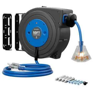 50 FT Retractable Extension Cord Reel, Heavy Duty 12AWG/3C SJTOW Power Cord, Lighted Triple Tap, 15A Circuit Breaker, Wall/Ceiling Mount Electric Cord Reel for Garage & Workshop, ETL Listed, Blue 50 FT Retractable Extension Cord Reel, Heavy Duty 12AWG/3C SJTOW Power Cord, Lighted Triple Tap, 15A Circuit Breaker, Wall/Ceiling Mount Electric Cord Reel for Garage & Workshop, ETL Listed, Blue