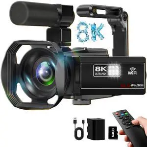 Video Camera 8K Camcorder, 64MP IR Night Vision Vlogging Camera for YouTube | WiFi, 18X Digital Zoom, 3.0 Inch Touch Screen, Microphone, Lens Hood, 64GB SD Card, Remote Control, 4500mAh Battery Video Camera 8K Camcorder, 64MP IR Night Vision Vlogging Camera for YouTube | WiFi, 18X Digital Zoom, 3.0 Inch Touch Screen, Microphone, Lens Hood, 64GB SD Card, Remote Control, 4500mAh Battery