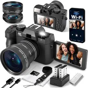 4K Digital Camera for Photography with Wide & Macro Lens | WiFi Connection, Flip Screen, Auto-Focus Vlog Camera with MicroSD Card, Card Reader, 2 Batteries, Strap, Webcam Function 4K Digital Camera for Photography with Wide & Macro Lens | WiFi Connection, Flip Screen, Auto-Focus Vlog Camera with MicroSD Card, Card Reader, 2 Batteries, Strap, Webcam Function