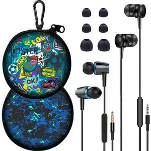 2-Pack Teens Wired Earbuds with Cases, 3.5mm School Headphones, Graffiti | 2-pack wired student earbuds with D-ring carabiner clips to attach on school backpacks, 2 aesthetic cases & mics 2-Pack Teens Wired Earbuds with Cases, 3.5mm School Headphones, Graffiti | 2-pack wired student earbuds with D-ring carabiner clips to attach on school backpacks, 2 aesthetic cases & mics
