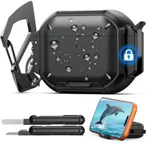 for AirPods Pro 3 Case Cover with Lock, Waterproof, Black | Secure Lock, IP68 Waterproof, MilitaryGrade Shockproof, Keychain, Phone Stand, Cleaner Kit for AirPods Pro 3 Case Cover with Lock, Waterproof, Black | Secure Lock, IP68 Waterproof, MilitaryGrade Shockproof, Keychain, Phone Stand, Cleaner Kit