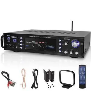 Bluetooth Stereo Amplifier - Rack Mount, Multi-Channel 3000W Peak Power, Easy Karaoke with Dual Mics, Subwoofer Out, Pre-Amp Out, AM / FM Radio, Front Panel Aux In, USB-A Input with MP3 Player Bluetooth Stereo Amplifier - Rack Mount, Multi-Channel 3000W Peak Power, Easy Karaoke with Dual Mics, Subwoofer Out, Pre-Amp Out, AM / FM Radio, Front Panel Aux In, USB-A Input with MP3 Player