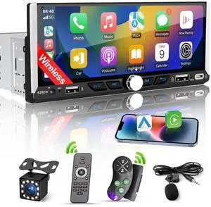 Single Din Car Radio Compatible with Wireless Apple CarPlay,6.9''Car Stereo | IPS Touchscreen,Bluetooth,FM AM Radio,GPS Navigation,Type-C/Dual USB 2.1A Fast Charge/Rear View Camera,MP5 Single Din Car Radio Compatible with Wireless Apple CarPlay,6.9''Car Stereo | IPS Touchscreen,Bluetooth,FM AM Radio,GPS Navigation,Type-C/Dual USB 2.1A Fast Charge/Rear View Camera,MP5