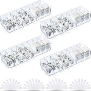4 Pcs Cable Organizer with 40 Wire Ties, Plastic Cord Storage Charger Box Electronics Organizer with Adjustment Compartments Cable Storage for Drawer Home Office Desk Accessories (Clear) 4 Pcs Cable Organizer with 40 Wire Ties, Plastic Cord Storage Charger Box Electronics Organizer with Adjustment Compartments Cable Storage for Drawer Home Office Desk Accessories (Clear)