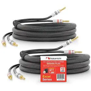 24k Gold Plated Banana Plugs Speaker Cables 99.9% OFC (6 Feet) | Oxygen-Free Copper, Excel Series, Amplifier Heavy Duty Braided In-Wall CL2 Rated Wires - Black (12AWG / 6ft / 1.8m) 2-Pack 24k Gold Plated Banana Plugs Speaker Cables 99.9% OFC (6 Feet) | Oxygen-Free Copper, Excel Series, Amplifier Heavy Duty Braided In-Wall CL2 Rated Wires - Black (12AWG / 6ft / 1.8m) 2-Pack