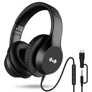 Wired Over Ear Headphones with Mic, USB-C Adapter, Black | USB-C adapter included, 3.5mm connection, comfortable ear cushions, lightweight design with mic for work, calls and daily use Wired Over Ear Headphones with Mic, USB-C Adapter, Black | USB-C adapter included, 3.5mm connection, comfortable ear cushions, lightweight design with mic for work, calls and daily use