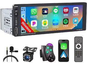 6.9'' Wireless Single Din Car Stereo with Apple Carplay | IPS Touch Screen Car Radio with Bluetooth,Backup Camera,FM/AM Car Radio,Car play Android Auto,AUX\TF,Type-C,USB 6.9'' Wireless Single Din Car Stereo with Apple Carplay | IPS Touch Screen Car Radio with Bluetooth,Backup Camera,FM/AM Car Radio,Car play Android Auto,AUX\TF,Type-C,USB