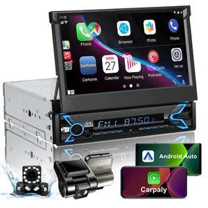 Single Din Flip Out Screen Car Radio with Backup Camera & Dash Cam | 7inch Flip Up Screen Car Stereo Single Din with Apple Carplay & Android Auto, Bluetooth, FM/EQ, Mirrorlink, SWC, Subwoofer Single Din Flip Out Screen Car Radio with Backup Camera & Dash Cam | 7inch Flip Up Screen Car Stereo Single Din with Apple Carplay & Android Auto, Bluetooth, FM/EQ, Mirrorlink, SWC, Subwoofer