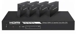 4K HDMI 2.0 1x4 Splitter Extender Kit - Up to 60 Meters 4K@60Hz, 18Gbps, HDR10, HDR10+, Dolby Vision, Hyper LogGamma, HDCP 2.2, HDMI Loop Out, EDID, PoC, 4 Receivers - Blackbird Series 4K HDMI 2.0 1x4 Splitter Extender Kit - Up to 60 Meters 4K@60Hz, 18Gbps, HDR10, HDR10+, Dolby Vision, Hyper LogGamma, HDCP 2.2, HDMI Loop Out, EDID, PoC, 4 Receivers - Blackbird Series