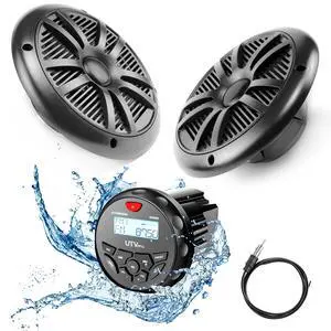 Marine Audio System Stereo Speaker Package, Bluetooth, MP3 USB AM FM Marine Stereo - 2 x 6.5 Inch Black Speakers, Antenna Marine Audio System Stereo Speaker Package, Bluetooth, MP3 USB AM FM Marine Stereo - 2 x 6.5 Inch Black Speakers, Antenna