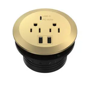 GaN Desk Grommet with 65W PD for MacBook, Desktop Power Grommet with 1 Fast Charging USB-C Port, 2 USB-A Ports and Duplex Receptacles, TTRP48APD60-GD, Gold GaN Desk Grommet with 65W PD for MacBook, Desktop Power Grommet with 1 Fast Charging USB-C Port, 2 USB-A Ports and Duplex Receptacles, TTRP48APD60-GD, Gold
