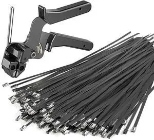 Metal Zip Ties with Cable Tie Gun, 200 Black Stainless Steel Ties | 11.8-inch black 304 stainless steel ties rated up to 200 lb for fence repair, farm, garden, cable and outdoor fastening Metal Zip Ties with Cable Tie Gun, 200 Black Stainless Steel Ties | 11.8-inch black 304 stainless steel ties rated up to 200 lb for fence repair, farm, garden, cable and outdoor fastening