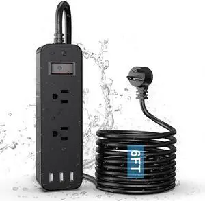 Outdoor Waterproof Power Strip with 2 Outlets 3 USB Ports, 6FT Flat Plug Extension Cord, Surge Protector, Mountable for Garden Bathroom Kitchen, Black Outdoor Waterproof Power Strip with 2 Outlets 3 USB Ports, 6FT Flat Plug Extension Cord, Surge Protector, Mountable for Garden Bathroom Kitchen, Black