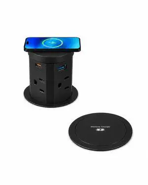 2.4" Pop Up Countertop Outlet, 30W USB-C & Wireless Charger | Fits 2.4 in (60mm) grommet holes, 4 AC outlets, 2 USB-C 30W, 2 USB-A 18W, 15W wireless charging and 1.5m cord, Black 2.4" Pop Up Countertop Outlet, 30W USB-C & Wireless Charger | Fits 2.4 in (60mm) grommet holes, 4 AC outlets, 2 USB-C 30W, 2 USB-A 18W, 15W wireless charging and 1.5m cord, Black