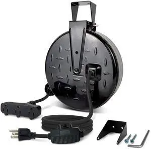 Retractable Extension Cord Reel, 16/3 SJTW Power Cord 30 Ft with 3 Electrical Outlets and 10 Amp Circuit Breaker, Ceiling or Wall Mount, Metal Plate, UL Listed, Grey Retractable Extension Cord Reel, 16/3 SJTW Power Cord 30 Ft with 3 Electrical Outlets and 10 Amp Circuit Breaker, Ceiling or Wall Mount, Metal Plate, UL Listed, Grey