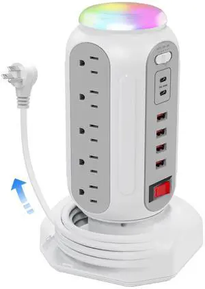 Fast Charging Station Power Tower - 15 AC Outlets & Dual USB-C 30W (Single Port 30W/2 Ports 15W Each), 4 USB-A, Retractable Cord Surge Protector with Top Night Light for Home Office Dorm Room Fast Charging Station Power Tower - 15 AC Outlets & Dual USB-C 30W (Single Port 30W/2 Ports 15W Each), 4 USB-A, Retractable Cord Surge Protector with Top Night Light for Home Office Dorm Room