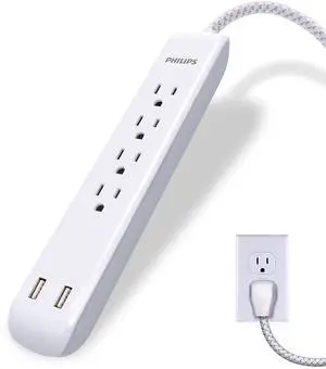 4 Outlet Power Strip Surge Protector with 2 USB Ports, 4 Ft Power Cord, Designer Braided Extension Cord, Flat Plug Extension Cord, 720 Joules, White, SPC6244WC/37 4 Outlet Power Strip Surge Protector with 2 USB Ports, 4 Ft Power Cord, Designer Braided Extension Cord, Flat Plug Extension Cord, 720 Joules, White, SPC6244WC/37